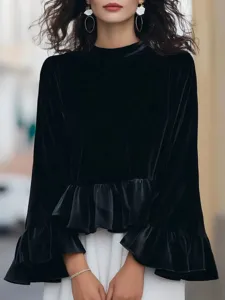 Velvet long sleeve top with ruffle hem and crew neck for women chic elegant black blouse
