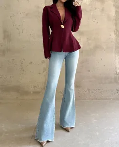 Detailed view of the stylish burgundy slim fit blazer jacket, elegant design, perfect for women.