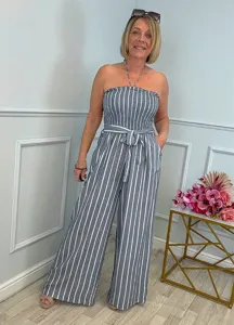 Women casual fashion striped belted strapless jumpsuit for summer daily wear and outdoor vacation.