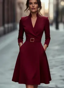 Elegant burgundy midi dress featuring a chic V-neck, long sleeves, and stylish belted waist.