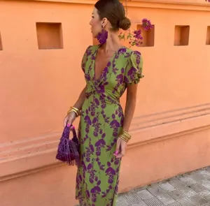 Elegante robe longue femme imprime floral col V manches courtes slim maxi robe chic