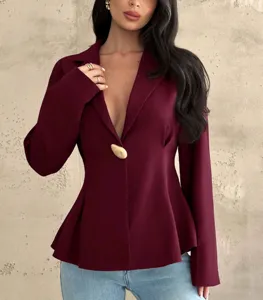 Detail view of a stylish slim fit maroon peplum blazer with unique button, fashion top.