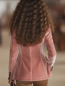 Women's pink velvet long sleeve blazer jacket, elegant solid color fashion outwear.