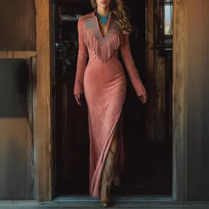Western Style Pullover Polyester Suede Tassel Deep V-Neck Long Sleeve Bodycon Dress Slim Fit Elegant Vintage Maxi Dress For Women