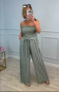 Women casual striped strapless belted wide leg jumpsuit for summer fashion outfit