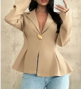 Stylish women's peplum blazer with unique metal button, slim fit long sleeve jacket top.