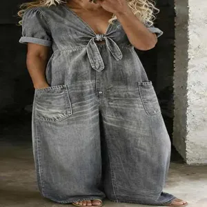 Femme casual ample manches courtes col V combinaison en jean gris lavé avec grandes poches