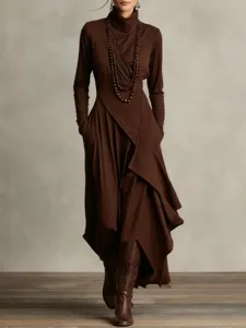 Elegantly designed solid brown long-sleeve cross turtleneck maxi dress for women's autumn wear.