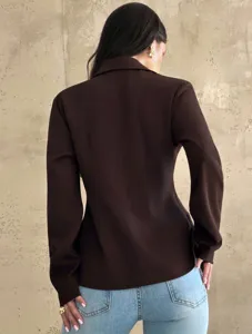 Women brown slim fit suit jacket casual long sleeve stylish fashion blazer outerwear for daily wear.