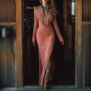 Vintage suede fringe long sleeve maxi dress for women elegant western bohemian party wear.