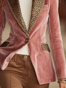 Pink velvet blazer with leopard print lapel long sleeve fashion jacket for women daily wear.