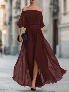 Elegant off-the-shoulder pleated chiffon maxi dress in deep burgundy, perfect for summer.