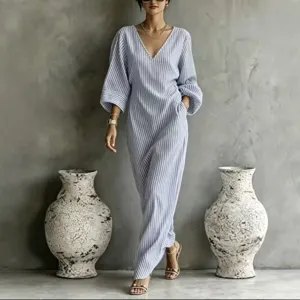 Blue and white striped V-neck long sleeve loose jumpsuit casual summer beach dress main