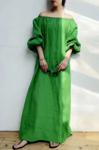 Solid color loose off-shoulder casual fashion long dress for women, elegant green style.