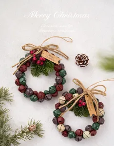Christmas jingle bell wreath wooden hanging ornaments for holiday home party decor.