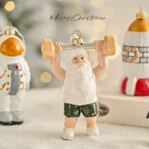 Christmas tree hanging ornament resin Santa Claus lifting dumbbells holiday home decor gift