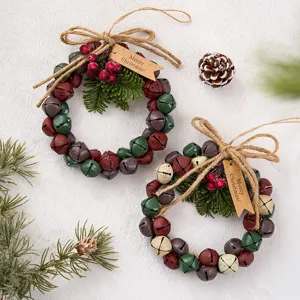 Vintage Distressed Alloy Jingle Bell Christmas Wreath Hanging Ornament With Pine Needles Red Berries Bowknot Creative Xmas Tree Window Holiday Decoration