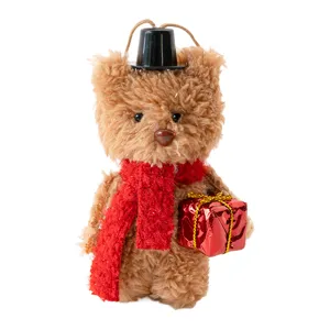 Mignon ours en peluche de Noël pendentif décoration d'arbre avec écharpe et boîte cadeau rouge