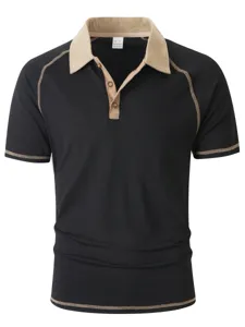 Men short sleeve polo shirt detail, contrast khaki collar and stitching, casual summer top.