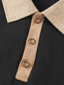 Men's casual contrast color polo shirt detail shot, stylish lapel and button placket design.
