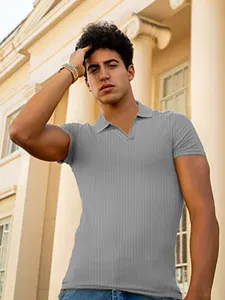 Detailed view of men's grey ribbed short sleeve polo shirt with lapel V-neck design.