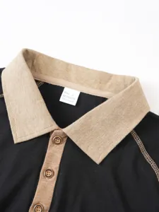 Black polo shirt collar detail view, contrast color design, short sleeve casual top