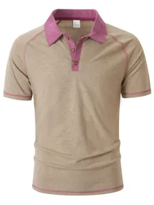 Detail view of the stylish men's short sleeve polo shirt with contrast collar and stitching.
