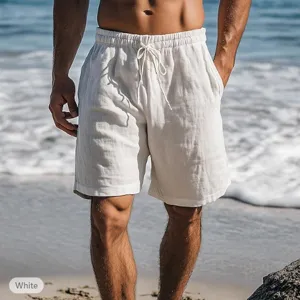 Gedetailleerd overzicht van casual witte linnen strandshorts met elastisch trekkoord.