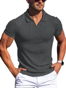 Men's Summer Casual Polo Shirt Lapel V-Neck Vertical Striped Short Sleeve Slim Fit Moisture Wicking Business Top