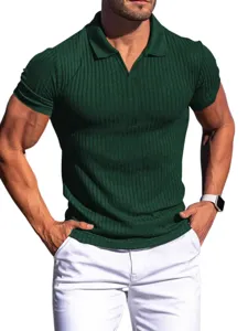 Men's summer short-sleeve ribbed polo shirt, stylish lapel V-neck slim fit casual green top