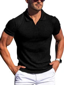 Men's black ribbed short sleeve polo shirt casual slim fit v-neck summer top apparel
