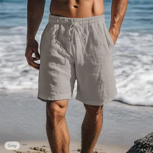 Detail casual strandshorts, katoen linnen stof, elastische taille met trekkoord, grijs.