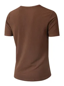 Maglietta slim a maniche corte a coste tinta unita da uomo, vista dettagliata, top casual.