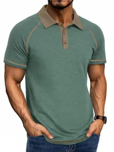 Men's contrast color collar short sleeve polo shirt breathable casual summer top detail view