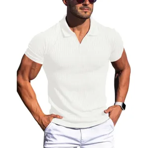 Men white ribbed short sleeve polo shirt V-neck summer casual slim fit knit top apparel