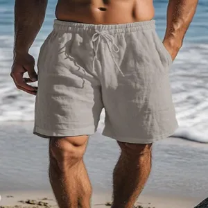 Heren casual katoen linnen strandshorts met elastische trekkoord taille en ademende stof.