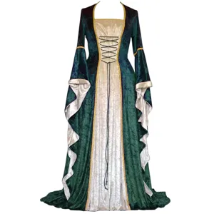Retro medieval court long dress with velvet trumpet sleeves and lace up front design.