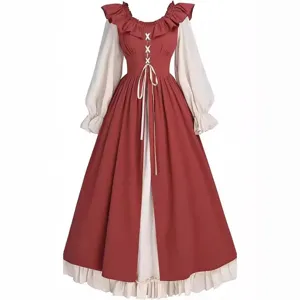 Medieval Renaissance Women Long Sleeve Dress Vintage Irish Fairy Patchwork Ruffle Lace Up Casual Party Maxi Dress
