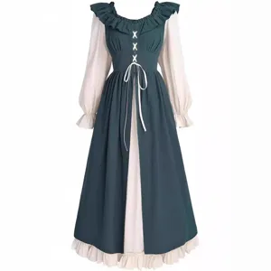 Renaissance medieval women long sleeve dress vintage lace up fairy costume elegant gown