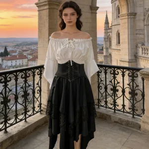Women Renaissance Retro Gothic Dress Halloween Medieval Pirate Costume Top And Bottom Ruffled Asymmetrical Lace Patchwork Long Dress