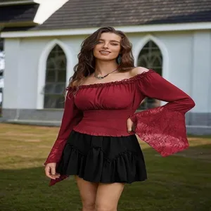 Chemisiere Dentelle Epaule Nue Manches Longues Femme Élégante Haut Mode Printemps Chic.