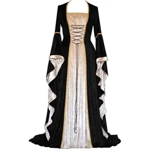 Retro medieval velvet floor-length dress with dramatic bell sleeves and lace-up front.