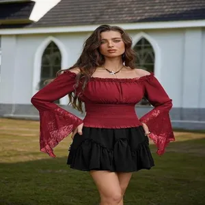 Chemisier femme manches longues epaules denudees dentelle printemps chic elegante haut volants