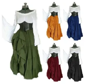 Renaissance medieval long sleeve dress set with corset and tiered skirt in multiple colors.