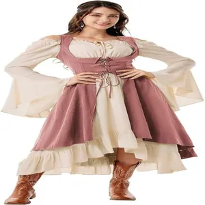 Renaissance medieval peasant dress for women, off-shoulder flare sleeve underbust corset costume.