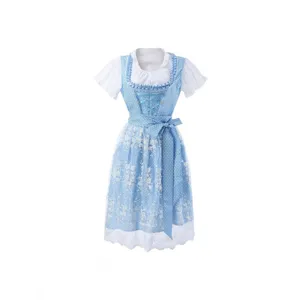 Traditional German Oktoberfest Dirndl dress with white blouse, blue floral bodice and lace apron.