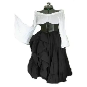 Medieval Renaissance costume set featuring off-shoulder white blouse and black ruffled skirt.