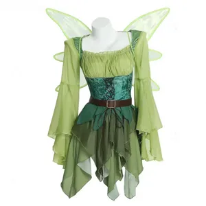 Robe de costume de cosplay medievale fee verte pour femme halloween avec ailes de fees