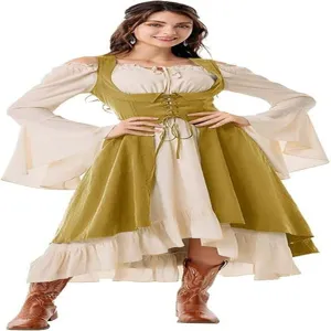 Renaissance medieval peasant dress off shoulder long sleeve green corset high low hem.