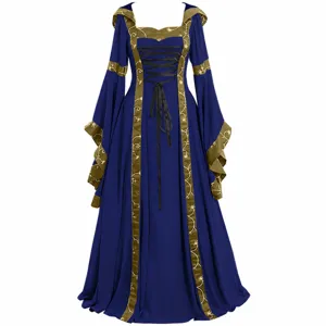 Medieval vintage hooded dress details, blue long gown with gold trim and black lacing.